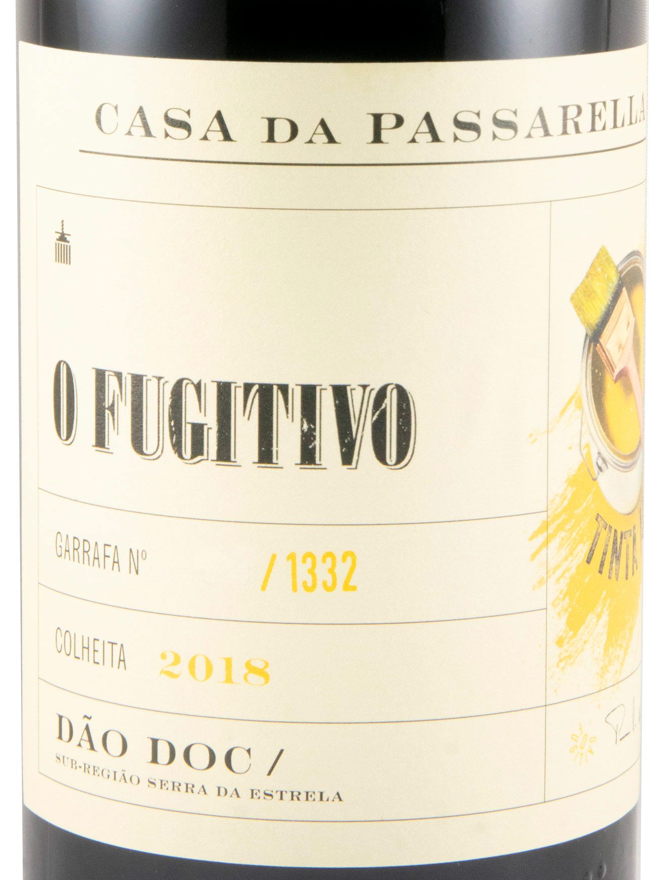 Casa da Passarella O Fugitivo Tinta Amarela Tinto 2018 Etiqueta de vinho O Fugitivo com design em amarelo e preto