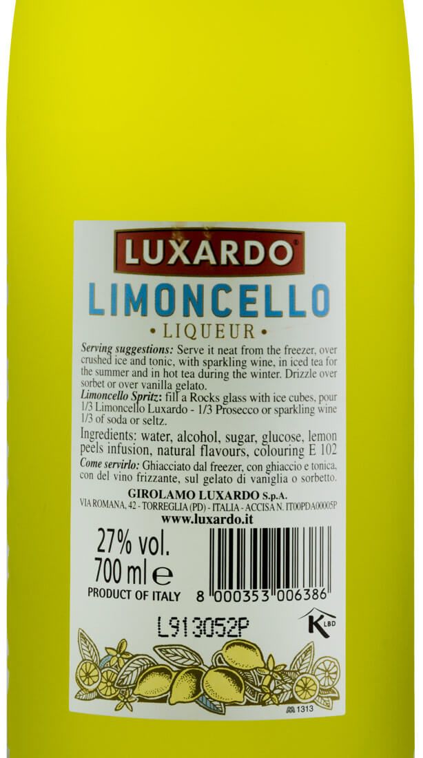Limoncello Luxardo Frasco amarelo de Limoncello Luxardo com rótulo branco e texto detalhado.