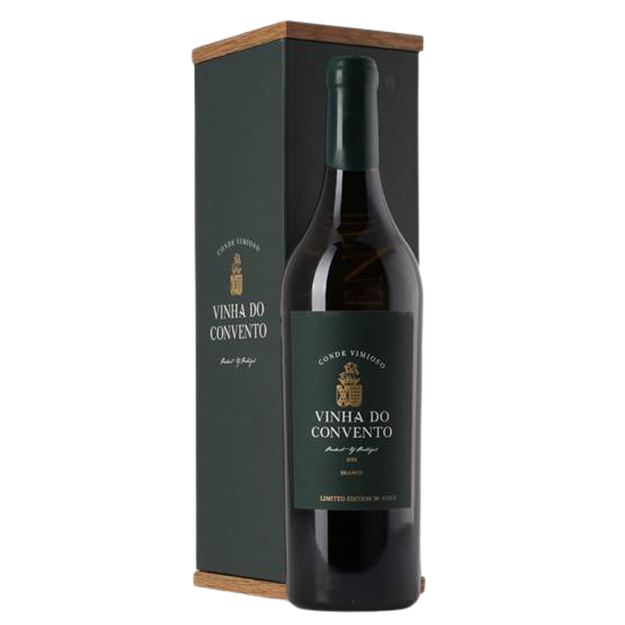Conde Vimioso Vinha do Convento Branco 2019 Garrafa de vinho tinto Conde Vimioso Vinha do Convento com caixa rígida verde escuro e tampa de madeira