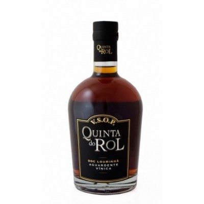 Aguardente Quinta do Rol VSOP com caixa Garrafa de aguardente Quinta do Rol V.S.O.P. com rótulo preto e letras douradas