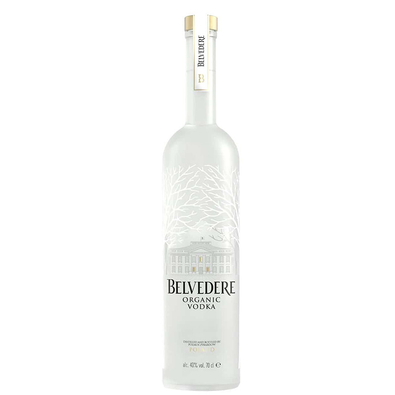 Vodka Belvedere Organic garrafa branca de vodka Belvedere orgânica com desenhos de árvore branca