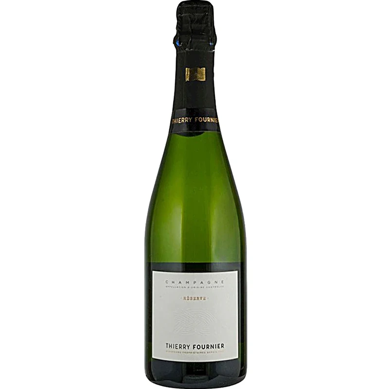 Champagne Thierry Fournier Réserve Extra Bruto Garrafa verde de champanhe Thierry Fournier com rótulo branco e tampa preta