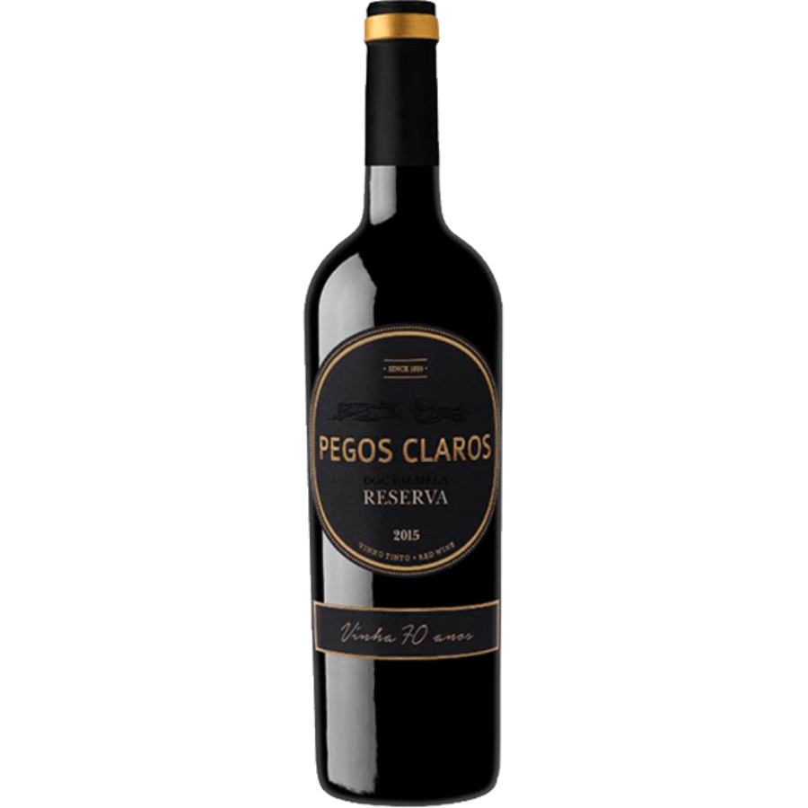 Pegos Claros Reserva tinto 2021 Garrafa de vinho tinto Pegos Claros Reserva 2015 com rótulo preto e tampa preta e dourada