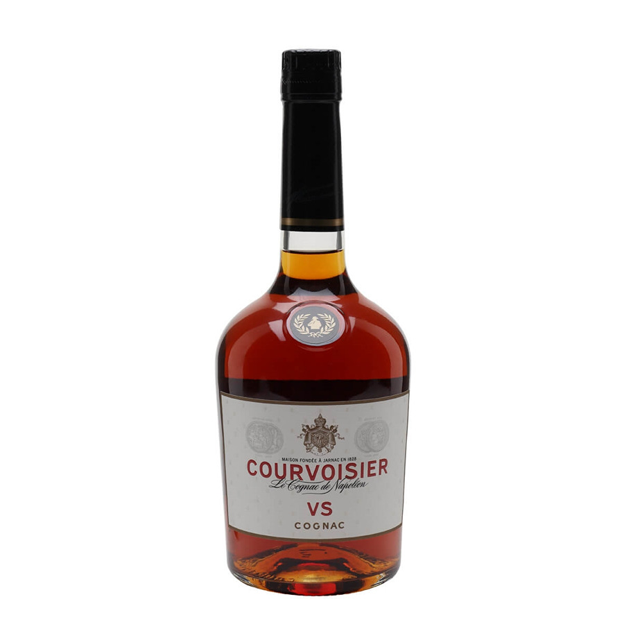 Courvoisier VS Garrafa de cognac Courvoisier VS com rótulo branco e tampa preta