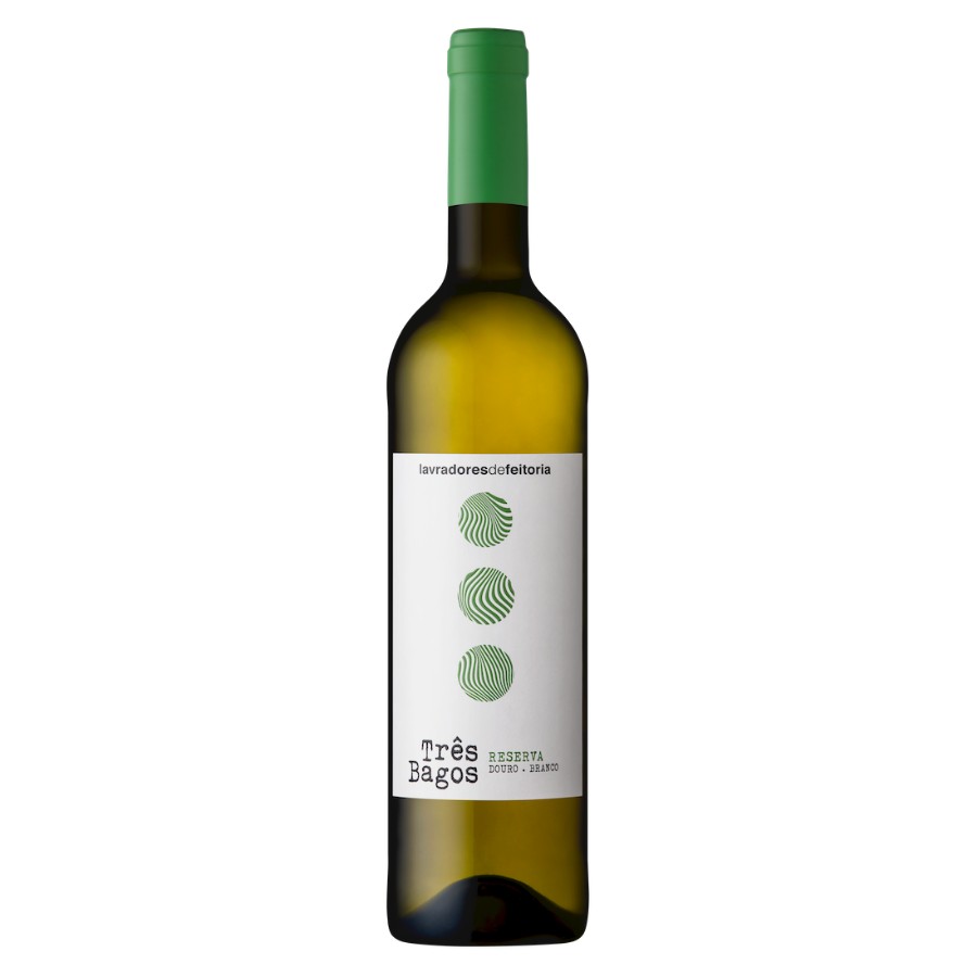 Lavradores de Feitoria Três Bagos Reserva Branco 2020 Garrafa de vinho branco com rótulo branco e três círculos verdes