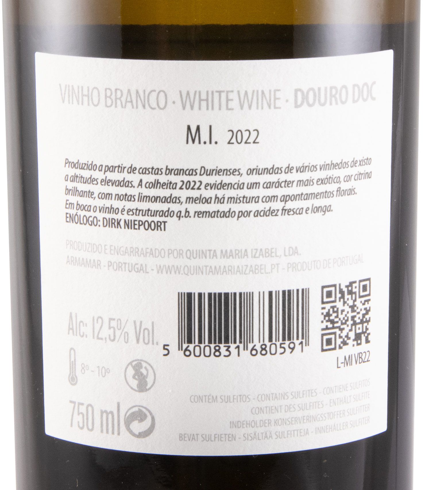 M.I. Branco 2022 Rótulo de garrafa de vinho branco Douro DOC 2022 com texto, código de barras e QR code.