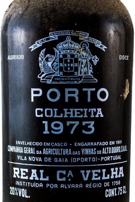Porto Real Companhia Velha Colheita 1973 (garrafa pirogravada) Garrafa de vinho do Porto Colheita 1973 com etiqueta preta e texto branco