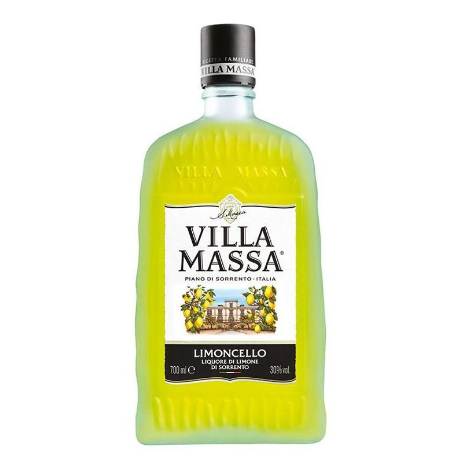 Limoncello Villa Massa 50CL Garrafa verde com limoncello Villa Massa e rótulo branco e preto