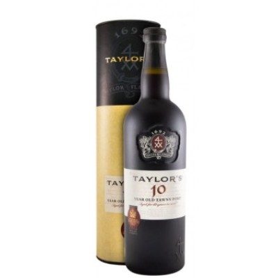 Porto Taylor's 10 Anos Garrafa de vinho do Porto Taylor's 10 Year Old Tawny Port com caixa cilíndrica preta e dourada