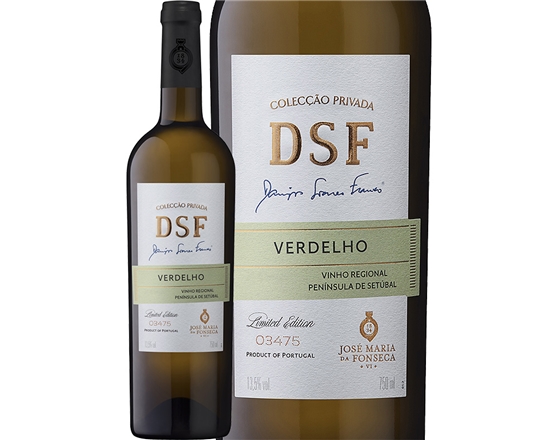 DSF Verdelho 2021 Garrafa de vinho branco DSF Verdelho com rótulo branco e detalhes em dourado