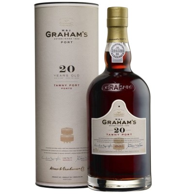 Porto Graham's 20 anos Garrafa de vinho do Porto Graham's 20 anos e embalagem cilíndrica creme