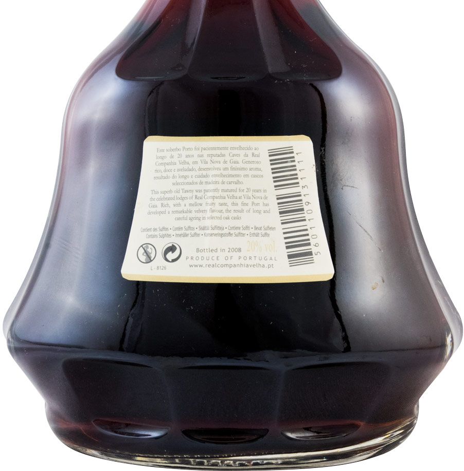 Porto Real Companhia Velha Royal Oporto 20 anos Garrafa de vidro escuro com etiqueta traseira e código de barras
