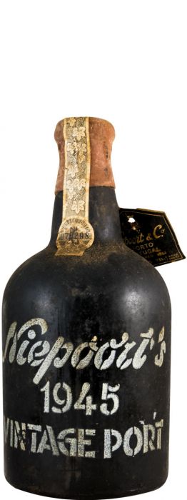 Niepoort Porto Vintage 1945 Garrafa de vinho do Porto preto com texto branco e selo dourado