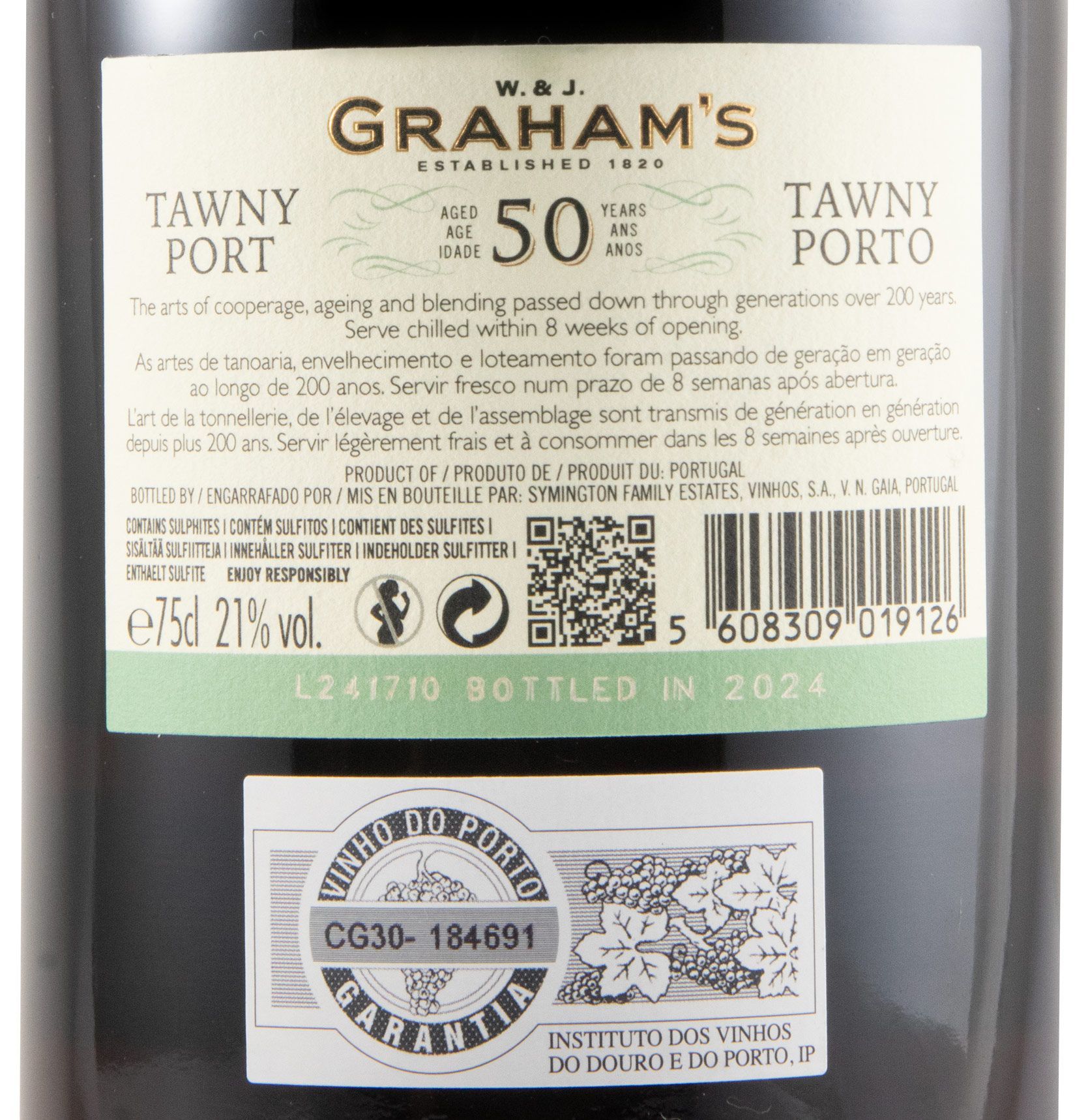 Porto Graham's 50 Anos Tawny Etiqueta detalhada de vinho do Porto Graham's Tawny 50 anos com texto, código de barras e selo de garantia