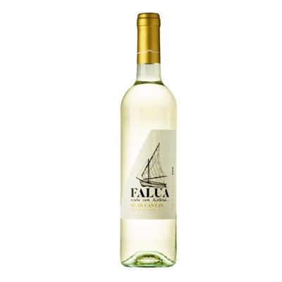 Falua Duas Castas Branco 2019 Garrafas de vinho branco com rótulo e veleiro.