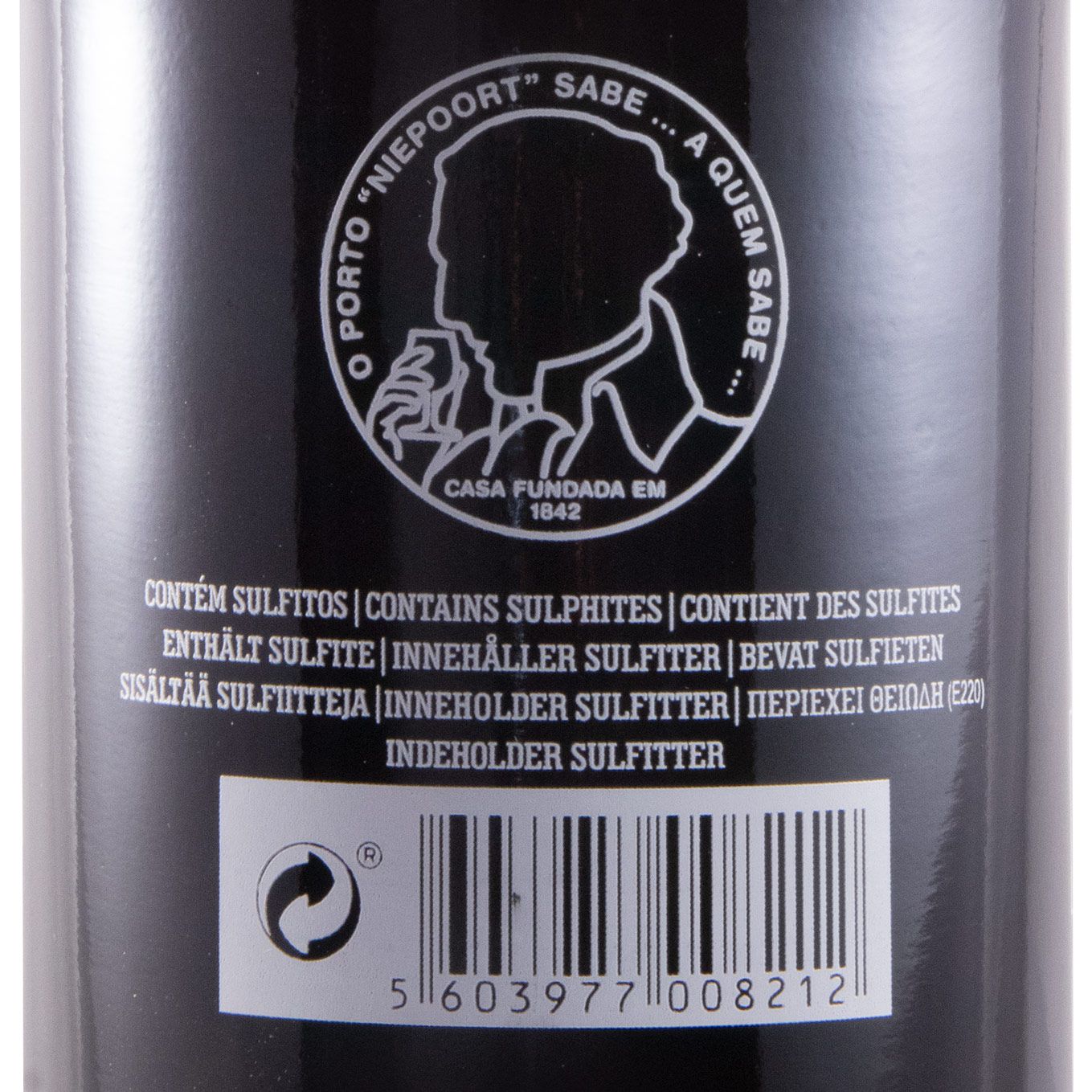 Porto Niepoort Colheita 2010 Etiqueta de garrafa com logotipo circular e texto sobre sulfitos em várias línguas