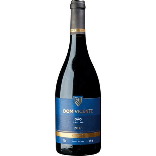 Dom Vicente Reserva Tinto 2020 Garrafa de vinho tinto Dom Vicente Dão 2017 com rótulo azul e dourado