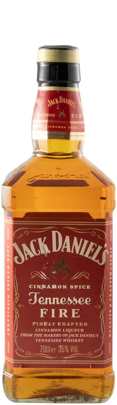 Jack Daniel's Fire Garrafa de Jack Daniel's Tennessee Fire com rótulo vermelho