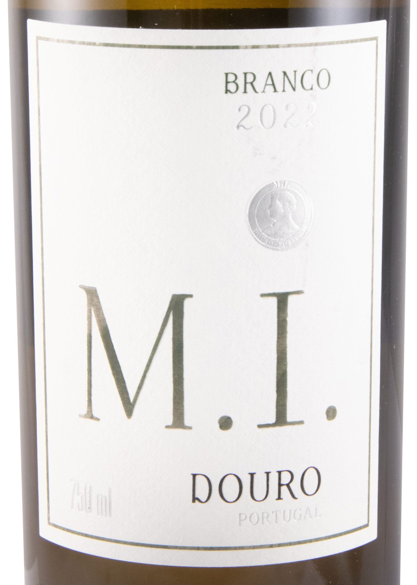 M.I. Branco 2022 Rótulo de vinho branco com texto 'BRANCO 2022 M.I. DOURO PORTUGAL 750 ml' e selo prateado