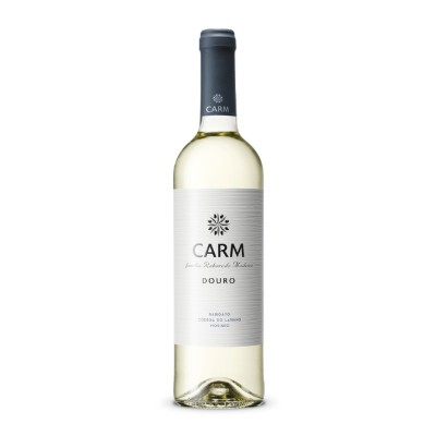 Carm Branco 2024 Garrafa de vinho branco CARM Douro com rótulo branco e tampa cinza escuro
