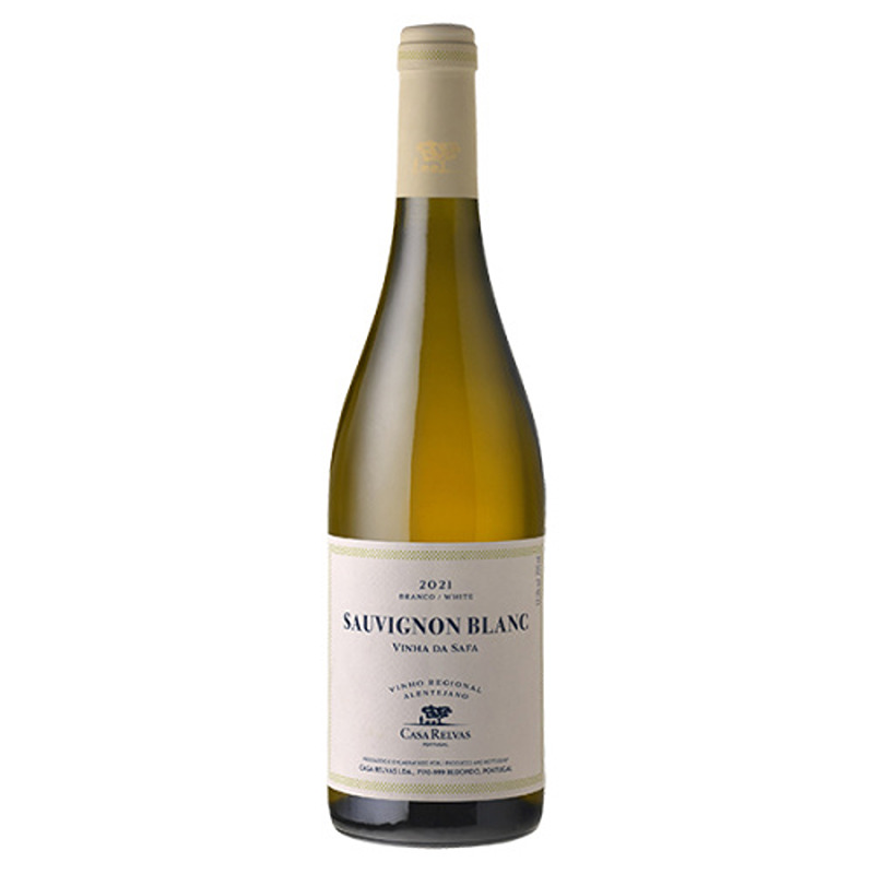 Casa Relvas Sauvignon Blanc Vinha da Safa Branco 2024 Garrafa de vinho branco Sauvignon Blanc 2021 com rótulo branco e texto em preto e azul
