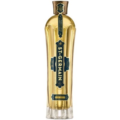 Licor Saint Germain Garrafa de licor St-Germain dourada com rótulos azuis vertical