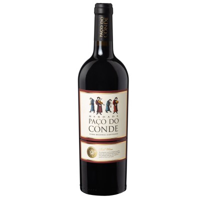 Herdade Paço do Conde Tinto 2018 Garrafa de vinho tinto Herdade Paço do Conde com rótulo branco e figuras de pessoas