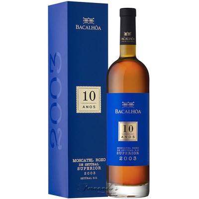 Moscatel de Setúbal Roxo Superior 10 anos Bacalhôa Garrafa e caixa de vinho Bacalhôa 10 Anos, rótulo e caixa azuis com texto em branco e dourado