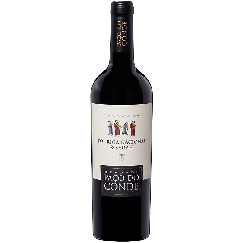 Herdade Paço do Conde Touriga Nacional & Syrah Tinto Garrafa de vinho tinto Herdade Paço do Conde com rótulo branco e preto e figuras desenhadas.