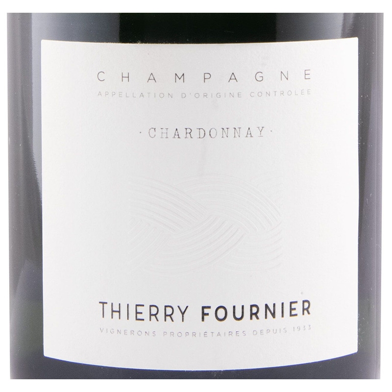 Champagne Thierry Fournier Chardonnay Bruto Rótulo branco de champanhe Thierry Fournier Chardonnay com texto e padrão em relevo