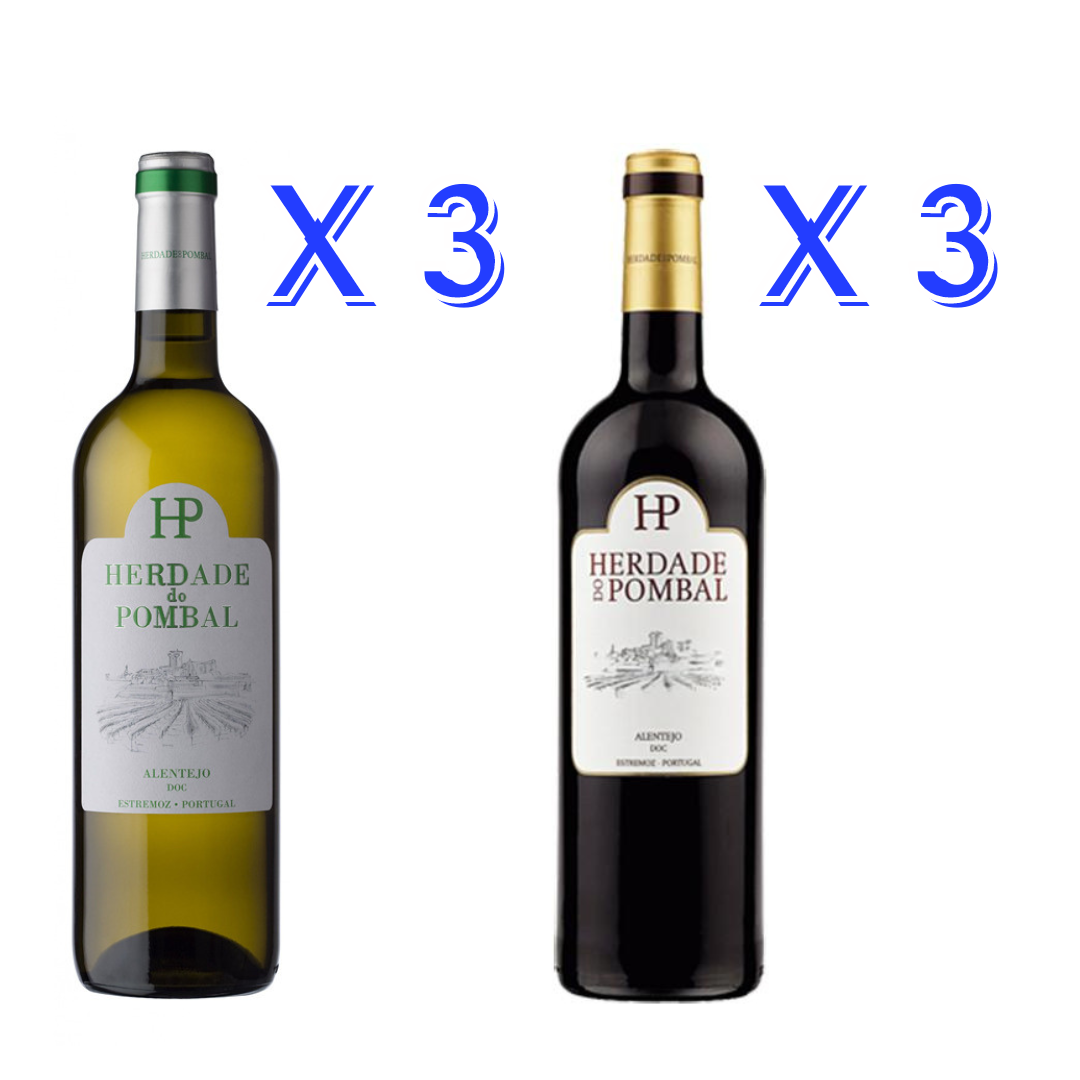 Pack Herdade do Pombal (3x Tinto + 3X Branco) Seis garrafas de vinho Herdade do Pombal, três brancas e três tintas, etiquetas brancas, fundo branco
