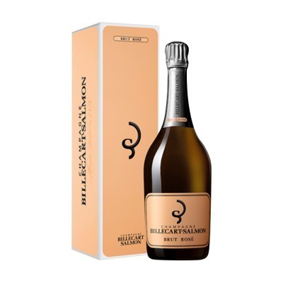 Garrafa de champanhe Billecart-Salmon Brut Rosé com caixa cor de salmão