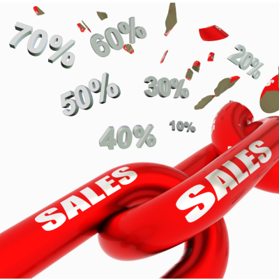 Corrente vermelha com SALES e percentuais de descontos 3D cinzentos