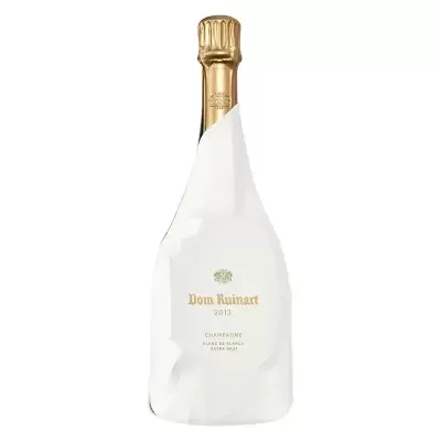 Garrafa de champanhe Dom Ruinart 2013 com embalagem branca e tampa dourada