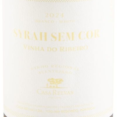 Rótulo de vinho branco Syrah Sem Cor com texto dourado em fundo branco
