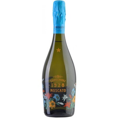 Garrafas de espumante Cavicchioli 1928 Moscato com rótulo floral colorido e rolha azul