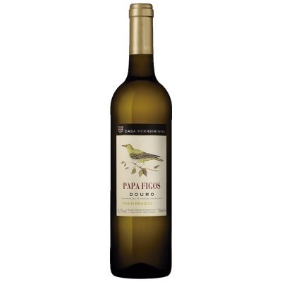 Garrafa de vinho branco Papa Figos com rótulo e tampa dourada