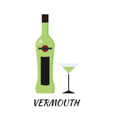 Garrafa verde de vermute com copo de cocktail e texto VERMOUTH