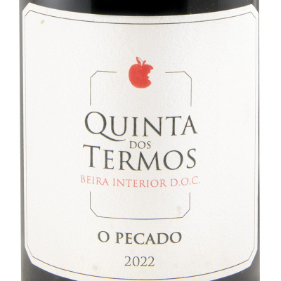 Rótulo de vinho Quinta dos Termos O Pecado 2022 com ícone vermelho de maçã mordida