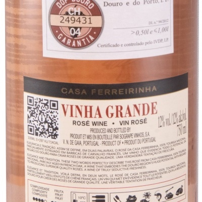Rótulo de garrafa de vinho rosé Casa Ferreirinha Vinha Grande com selo DOP Douro