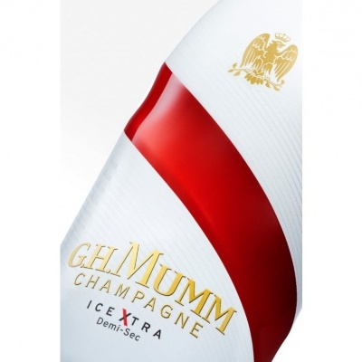 Garrafa de champanhe G.H. Mumm Ice Extra Demi-Sec com rótulo branco e faixa vermelha