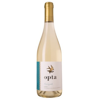 Garrafa de vinho branco Opta Encruzado Dão com rótulo e tampa dourados