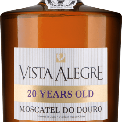 Garrafa de Moscatel do Douro 20 anos Vista Alegre com rótulo branco e tampa dourada
