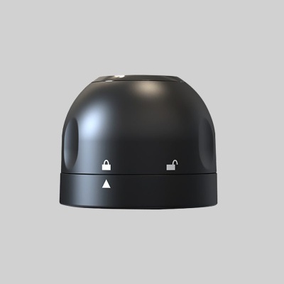 Dispositivo preto arredondado com ícones de cadeado e triângulo branco sobre fundo cinzento.