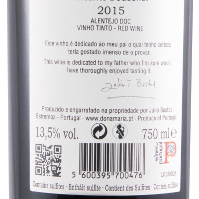 Garrafa de vinho tinto Júlio B. Bastos Grande Reserva Alicante Bouschet 2015