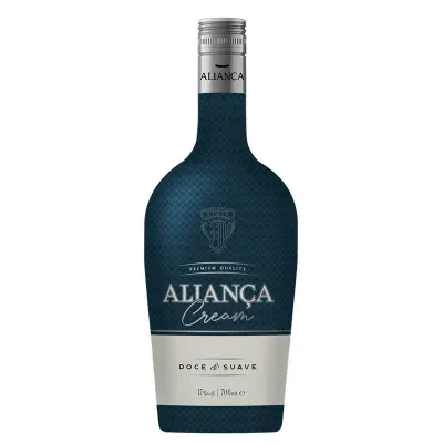 Garrafa azul escuro Aliança Cream com rótulo branco e tampa prateada