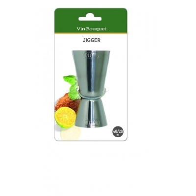 Medidor de bebidas prateado com duas medidas em embalagem de cartão