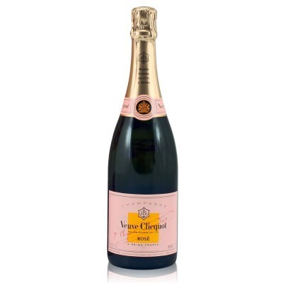 Garrafa de champanhe Veuve Clicquot Rosé com rótulo cor-de-rosa e dourado