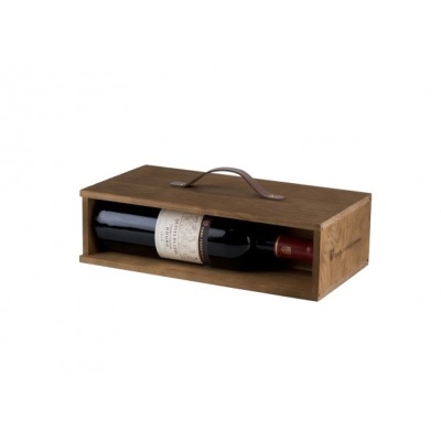 Caixa de madeira com garrafa de vinho tinto