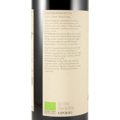 Etiqueta traseira de garrafa de vinho tinto com texto informativo em português e inglês